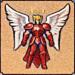 an angel, super nintendo game sprite, symetric, pixelate, barroque red armor, warrior iron armor