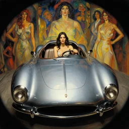 3 d fisheye, very low angle, wide angle, painting showing olivia munn driving exaggerated 1 9 3 0 s car with woman driving, shiny, aerodynamic, dramatic lighting, sultry, sensual, vargas, manara, mucha, moebius, elvgren, joshua middleton, clay mann, wlop, loish