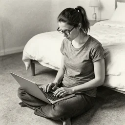 highly detailed charcoal of woman wearing glasses with her hair in a ponytail sitting on the carpeted floor beside a bed, working on her laptop, by aron wiesenfeld