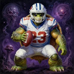 a turtle that is a football linebacker in the nfl, wearing an nfl team uniform, holding a football, cosmic horror painting, elegant intricate digital painting artstation concept art by mark brooks and brad kunkle detailed