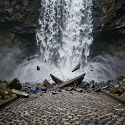 a cobblestone road shattering and falling down like a waterfall while glimpses of orange and blue twine and detach in full triangles of loss and despair seen through the eyes of the ultimate eternal being