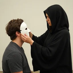 a cloaked woman removes a mask from her friend's face, by mike davis,