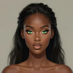 a beautiful modern day queen, dark skin, green eyes. concept art. highlight detailed.