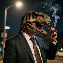 mob boss with a dinosaur head smoking a cigar under a streetlight at night, cinematic, realistic, hyper realistic