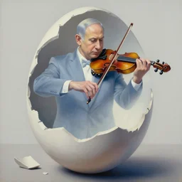 insanely detailed painting benjamin netanyahu as a translucent specter, playing violin, inside a broken egg, abstract, by wojciech siudmak
