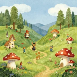 “a fairytale landscape with troll creatures and mushroom houses, in the style of John Bauer and wimmelbilder”