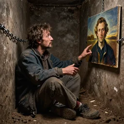 shabby but smart faced homeless man in a dirt floored cell chained to a wall, talking questioningly, painting by andrew wyeth and alan lee, very detailed, somber mood,