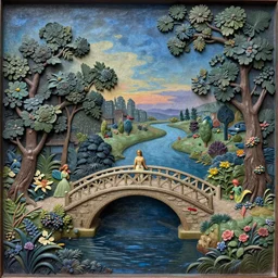 3 d high relief painting of fairyland bridge, outside of time and space, dreamy, romantic, night lighting, highly detailed, 8 k