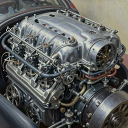 closeup of car engine , biomechanical, mechanical, in the style of h.r giger, norman rockwell, giger, highly detailed, soft lighting, 8k resolution, oil on canvas
