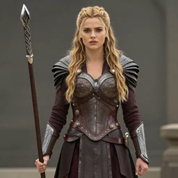 full shot photo of alexandra daddario as a valkyrie warrior