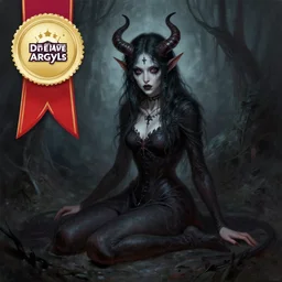 a painting of a female demon sitting on the ground, a digital rendering by steve argyle, deviantart contest winner, gothic art, wiccan, lovecraftian, deviantart