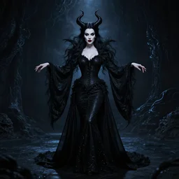 style of edmund leighton : : gorgeous willa holland : : evil witch, swirling black magic, black dress : : symmetrical face, symmetrical eyes : : full body pose : : gorgeous black hair : : magic lighting, low spacial lighting : :