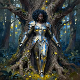 hyperrealistic byzantine super expressive! black woman with exoskeleton armor, merging with tree in a forest, highly detailed digital painting masterpiece smooth cam de leon hannah yata dramatic pearlescent blue yellow light ground angle hd 8k sharp focus