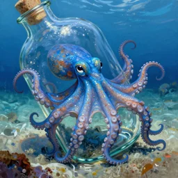a ultra high resolution photorealistic painting a bluish octopus escaping into a transparent glass bottle on seabed floor. the light is shimmering bright, and the colors are brilliant. it is looking at the camera lens, in the style of of greg rutkowski, alphonse mucha, digital painting, high octane