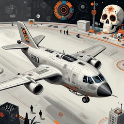 modern, industrial gunship, landing in spaceport, greeble, wires, sharp focus, highly detailed vfx scene, global illumination, by james jean and moebius!! and artgerm and liam brazier and victo ngai and tristan eaton. detailed, vector art, digital illustration, concept art, dia de los muertos, ( ( ( skull ) ) ). 8 k, hdr