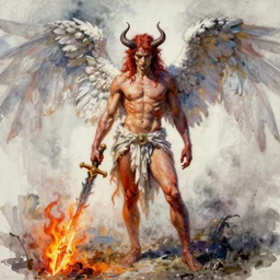 a oil / watercolor painting full body character portrait of a demonic angel wielding a broken sword coated in fire in the style of moebius in the style of leonard boyarsky trending on artstation deviantart pinterest detailed photorealistic highlights and shadow hd 8 k post - processing high resolution