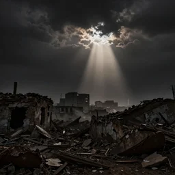 ruined city, night, ash, apocalypse, black, brown, ray of light from the clouds