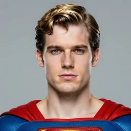 hyper realistic portrait of superman with blonde two sides hair and thin face lines