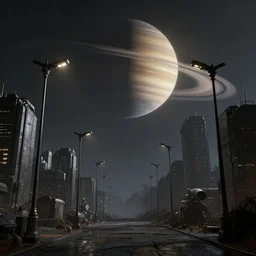 Sci-fi dark city with tall street lights visible, Saturn looming in the sky - 3d art, unreal engine
