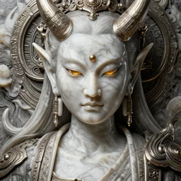 naraka buddhist demon korean female, highly detailed, symmetrical long head, golden amber eyes, smooth marble surfaces, detailed ink illustration, raiden metal gear, cinematic smooth stone, deep aesthetic, concept art, post process, 4 k, carved marble texture and silk cloth, latex skin, highly ornate intricate details, in the style of 8 8 grzes