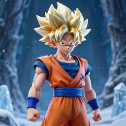 portrait focus of beautiful 3 d anime girl as angry super saiyan posing, frozen ice dark forest background, snowing, bokeh, inspired by masami kurumada, octane render, volumetric lighting