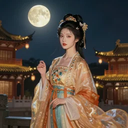 moon a beautiful girl in hanfu mid - autumn festival night hyperdetailed digital oil painting dramatic cinematic lighting by wlop and artgerm and greg rutkowski and alphonse mucha ， chinese traditional architecture