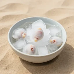 a bowl of nipples on ice, on a sandy beach floor