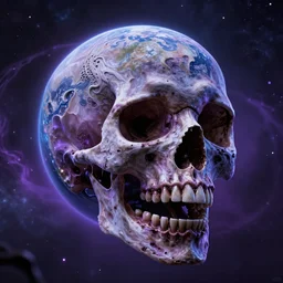 screaming planet earth in the shape of a skull, cosmic horror, ghostly, intricate, photo real, hyperrealism, unreal engine 5, raytracing, in the style of rene aigner, ultraviolet colors,
