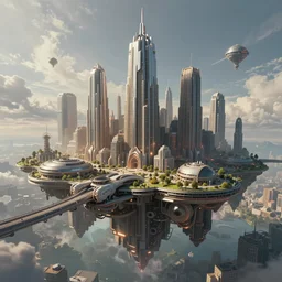 a highly detailed scene of a floating city from the far future by robert mccall