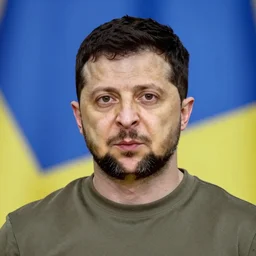 zelensky portrait with blue and yellow background by dan mumford, josan gonzalez