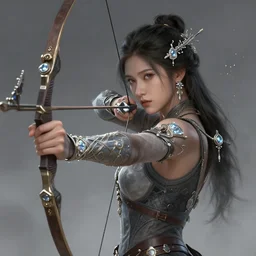 beautiful extremely detailed intricate concept art depicting an archer by charlie bowater. shining jewelry. grey atmosphere. particles in the background. artstation