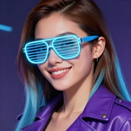 closeup painting of a very beautiful young mexican cyberpunk woman with a smile, light blue neon shutter sunglasses on her face, and a purple coloured leather jacket, one side haircut, long brown hair with light blue ends, portrait, sci - fi, hyperdetailed, cgsociety, synthwave by tangerine dream, by jean - michel jarre, by vangelis, by john carpenter