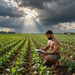 bodybuilder farmer surveying his crops