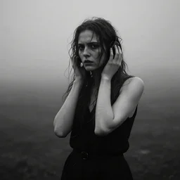 award winning photo of some regret as antonioni would depict it, she is 2 3, skinny and beautiful and listens to oathbreaker, she is full of hatred, photo, black and white, the background is unsafe, insanely detailed, foggy like in norwegian black metal aesthetic