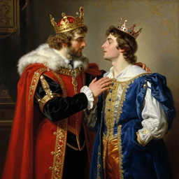 attractive fully clothed king confesses his love for his attractive fully clothed male prince. highly detailed painting by gaston bussiere, craig muler, j. c. leyendecker 8 k