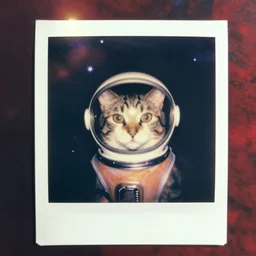 weathered old analog polaroid portrait photograph of a cat wearing a space helmet, azure and red tones, space, stars, nebula, lensflare, sunlight, glare, depth of field, bokeh, filmgrain, red color bleed