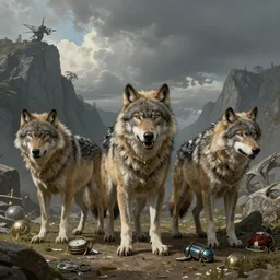 wolves and their treasures. fantasy style, ultra realistic, octane render, unreal engine, raytracing, 8 k highly detailed, trending on artstation, illustration, digital painting by david caspar friedrich and h. r. giger