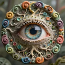 circular border with curly symmetrical designs colorful 3 d eye, concept art, nature, fractals, depth of field, roots, fluid simulation in houdini, subsurface scattering, volumetric, natural muted tones, trending on artstation, rendered in octane, cgsociety, trippy