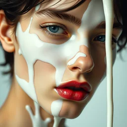 close up of face of fashion model, splashed with milk, official versace editorial, highly detailed