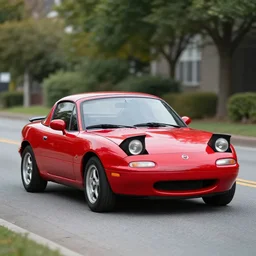 105mm photo of car full view mid distance photograph red Mazda Miata parked on street from 2000