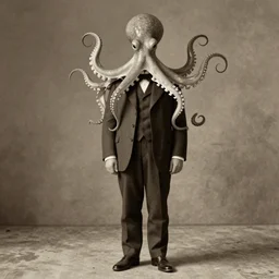 octopus headed man, vintage full body portrait of an octopus headed man in a suit, sepia