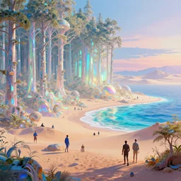 highly detailed holographic iridescent glowing sci fi world with forests, deserts, oceans, at dusk, by gilbert williams, by simon stalenhag, by beeple, by bruce pennington, by moebius, juxtapoz, dynamic composition, octane render, with many different pastel shades of blue pink orange yellow green, beautiful lighting, prismatic