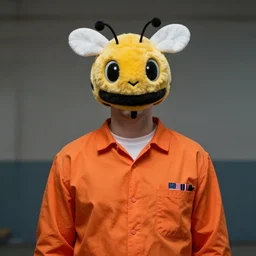 inmate with orange suit and wearing a bee head
