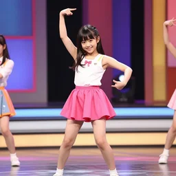 Japanese funny TV show. Color VHS footage. A cute girl dancing on stage in the TV studio.