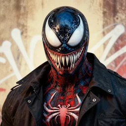 highly detailed closeup portrait of a venom in spiderman suit with skeletal face,, black parka by atey ghailan, by greg rutkowski, by greg tocchini, by james gilleard, by joe fenton, by kaethe butcher, gradient, red, blue, black, brown and cream color scheme, grunge aesthetic!!! white graffiti tag wall background