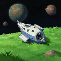 a spaceship that has crashed on an grass covered alien planet, from a space themed point and click 2 d graphic adventure game, art inspired by bob ross