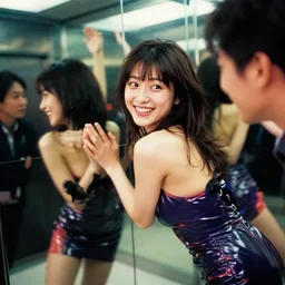 Worksafe,clothed.1990s,unbelievably beautiful,perfect,dynamic,epic,cinematic movie shot of a close-up japanese beautiful cute young J-Pop idol actress girl in latex dress,reflected in giant mirror,expressing joy and posing.By a Chinese movie director.Motion,VFX,Inspirational arthouse,high budget,hollywood style,at Behance,at Netflix,Instagram filters,Photoshop,Adobe Lightroom,Adobe After Effects,taken with polaroid kodak portra