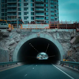 establishing shot of tunnel construction, an apartment building directly above the tunnel construction, large highway entering a tunnel, wide establishing shot, dark teal lighting, soft dramatic lighting, sharp focus, 4 k digital camera