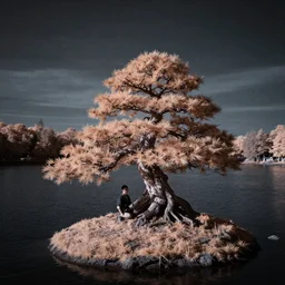 award winning infrared photography of andy lee, strange shaped bonsai tree on island in lake, moody, dramatic lighting, rule of thirds, wide angle lens