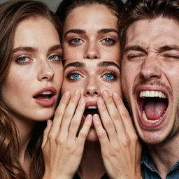 insects eyes, emerging hands and beautiful aesthetic women ’ s and men screaming laughing and crying face, full colour, upscale, 8 k, masterpiece